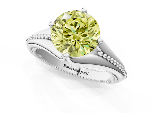 White gold Fancy Yellow Round  Solitaire Beaded Band Six-Prong Setting