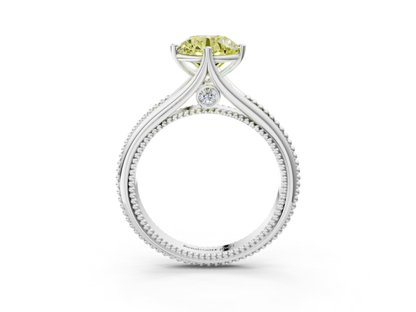 White gold Fancy Yellow Round  Solitaire Beaded Band Six-Prong Setting
