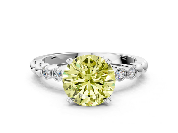 Platinum Fancy Yellow Round  Solitaire Bezel Accent Diamond Engagement Ring with Beaded Band and Four-Prong Setting