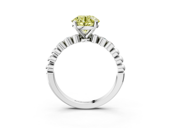 Platinum Fancy Yellow Round  Solitaire Bezel Accent Diamond Engagement Ring with Beaded Band and Four-Prong Setting