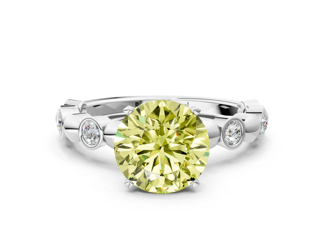 White gold Fancy Yellow Round  Solitaire Bezel-Set Diamond Ring with Beaded Band and Four-Prong Setting_53
