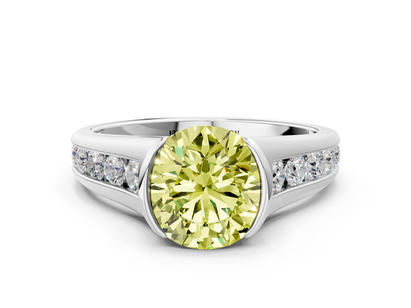 Platinum Fancy Yellow Round  Solitaire Bezel-Set Diamond Ring with Channel-Set Band