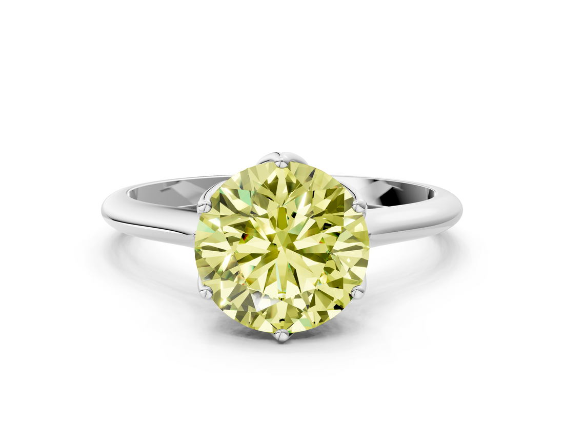 White gold Fancy Yellow Round  Solitaire Cathedral Diamond Ring with Six-Prong Setting