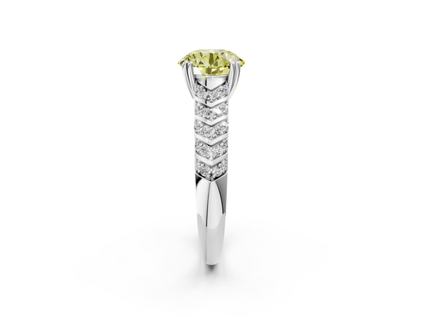 White gold Fancy Yellow Round  Solitaire Chevron Pave Diamond Engagement Ring with Six-Prong Setting