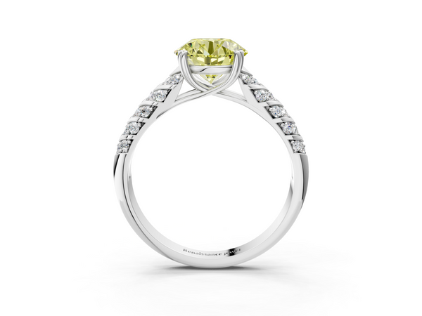 White gold Fancy Yellow Round  Solitaire Chevron Pave Diamond Engagement Ring with Six-Prong Setting