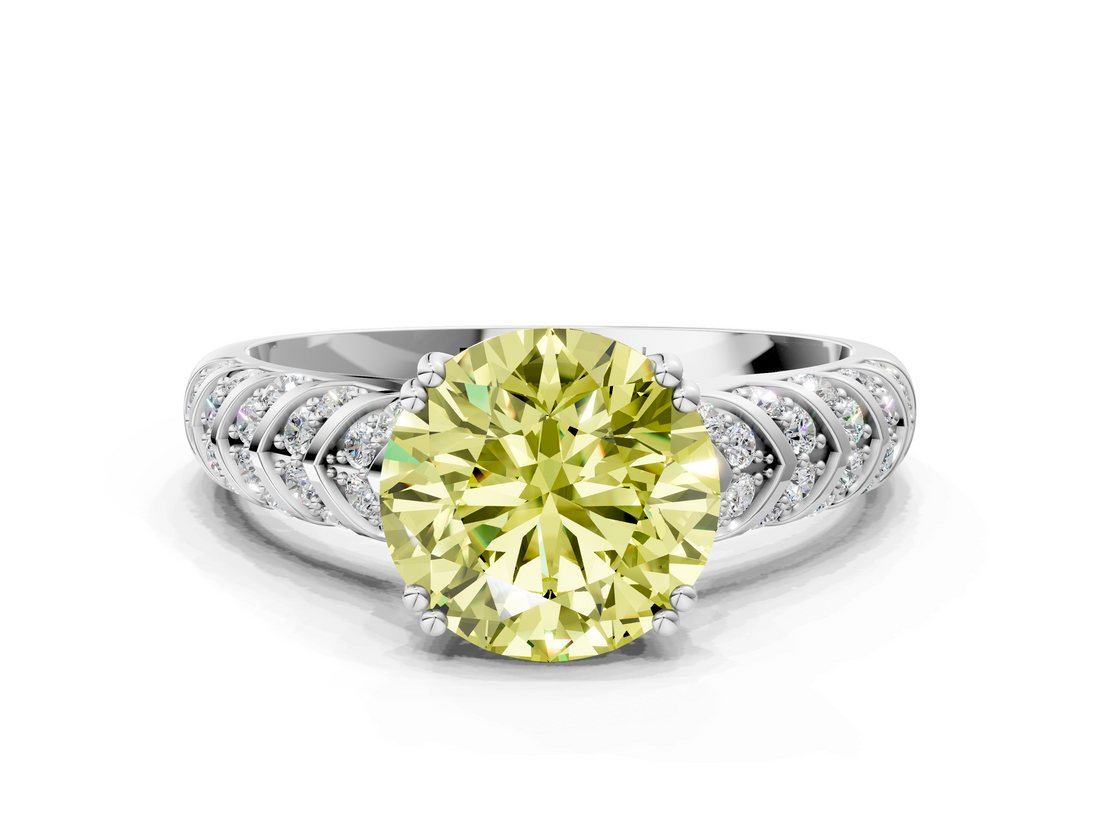 White gold Fancy Yellow Round  Solitaire Chevron Pave Diamond Engagement Ring with Six-Prong Setting