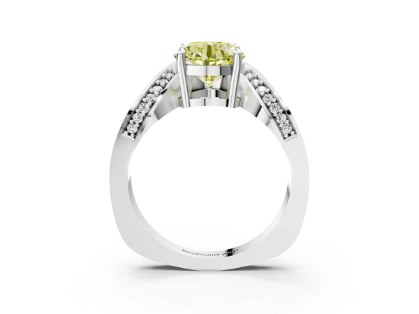 White gold Fancy Yellow Round  Solitaire Diamond Engagement Ring with Pave Band and Four-Prong Setting