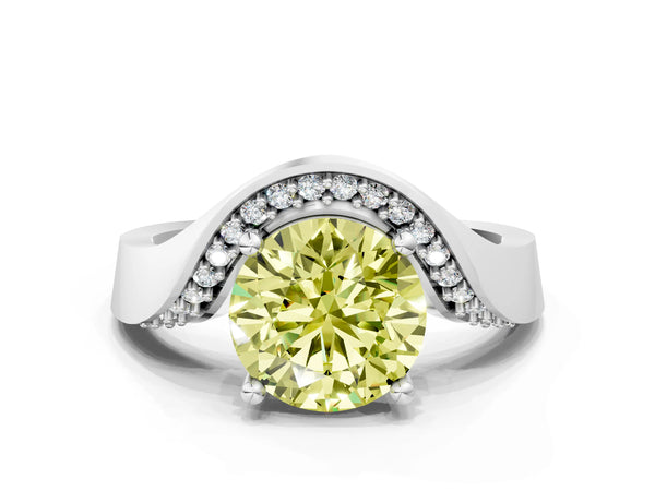 White gold Fancy Yellow Round  Solitaire Diamond Engagement Ring with Pave Band and Four-Prong Setting