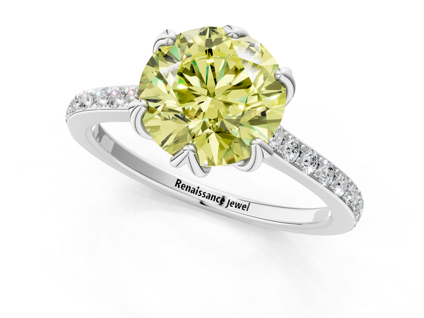 White gold Fancy Yellow Round  Solitaire Diamond Engagement Ring with Pave Band and Six-Prong Setting