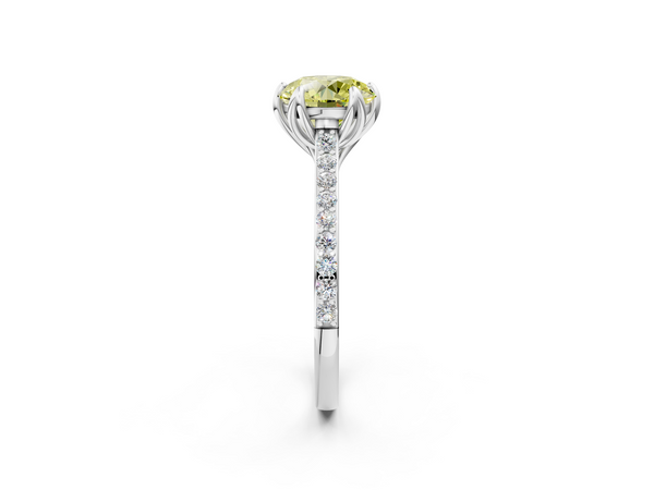 White gold Fancy Yellow Round  Solitaire Diamond Engagement Ring with Pave Band and Six-Prong Setting