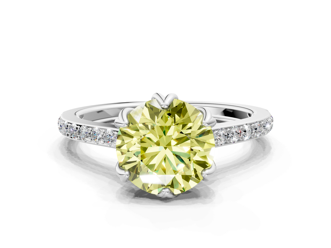 White gold Fancy Yellow Round  Solitaire Diamond Engagement Ring with Pave Band and Six-Prong Setting