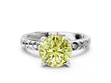 White gold Fancy Yellow Round  Solitaire Diamond Engagement Ring with XO Engraved Band and Four-Prong Setting