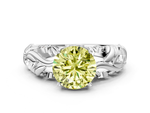 Platinum Fancy Yellow Round Cut Solitaire Diamond Leaf-Inspired Vine Band Ring with Prong Setting