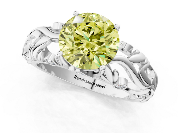 Platinum Fancy Yellow Round Cut Solitaire Diamond Leaf-Inspired Vine Band Ring with Prong Setting