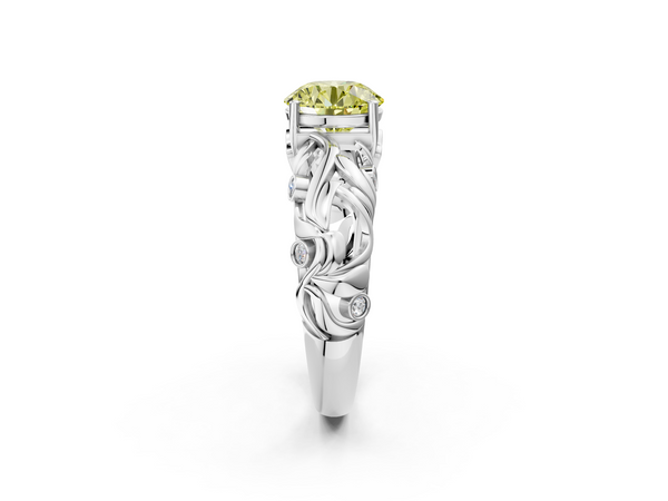 Platinum Fancy Yellow Round Cut Solitaire Diamond Leaf-Inspired Vine Band Ring with Prong Setting