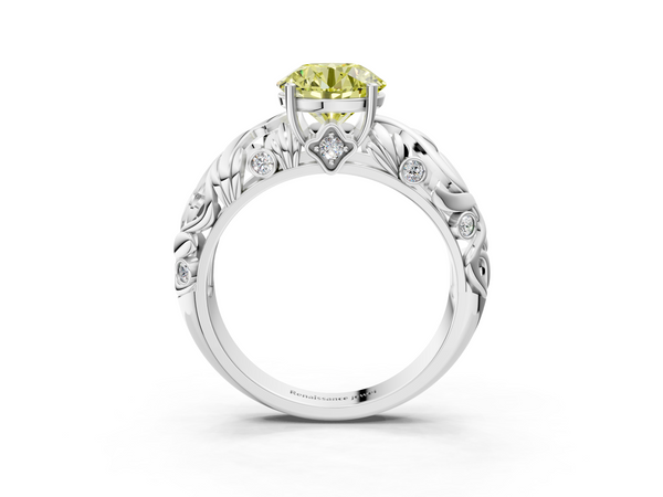 Platinum Fancy Yellow Round Cut Solitaire Diamond Leaf-Inspired Vine Band Ring with Prong Setting