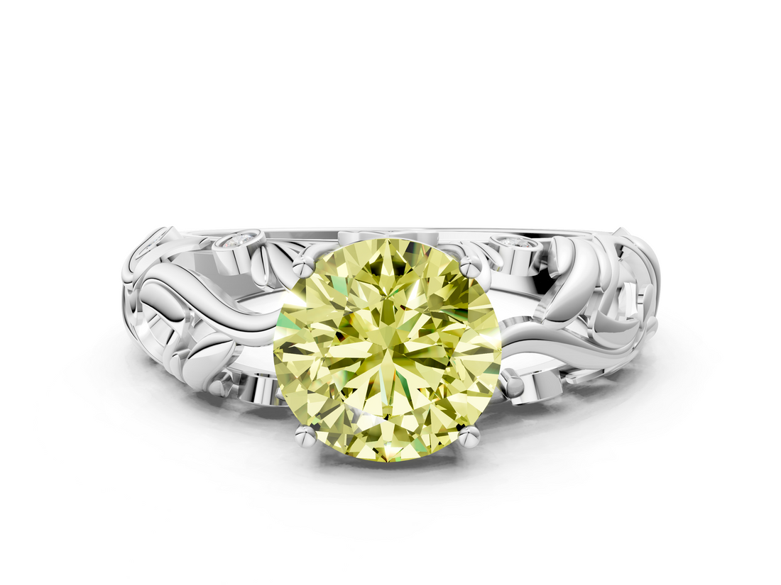 White gold Fancy Yellow Round  Solitaire Diamond Leaf Vine Band with Prong Setting
