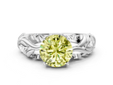 White gold Fancy Yellow Round  Solitaire Diamond Leaf Vine Band with Prong Setting