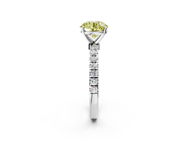 White gold Fancy Yellow Round Cut Diamond Solitaire Ring with Pavé Accents and Four-Prong Setting