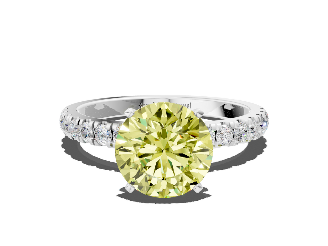 White gold Fancy Yellow Round  Solitaire Diamond Pavé Band with Four-Prong Setting