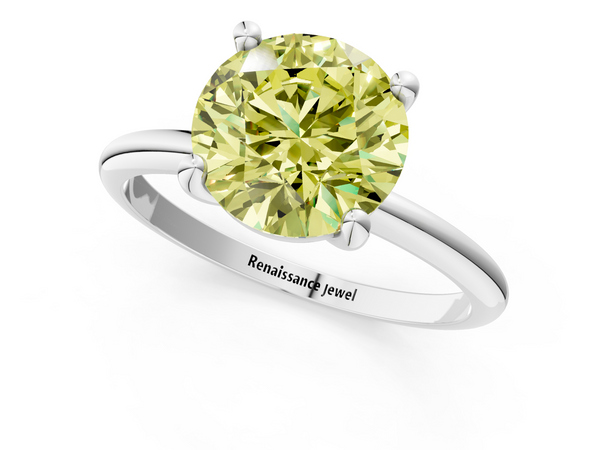 White gold Fancy Yellow Round  Solitaire Diamond Ring with 4-Prong Setting on a Classic Band