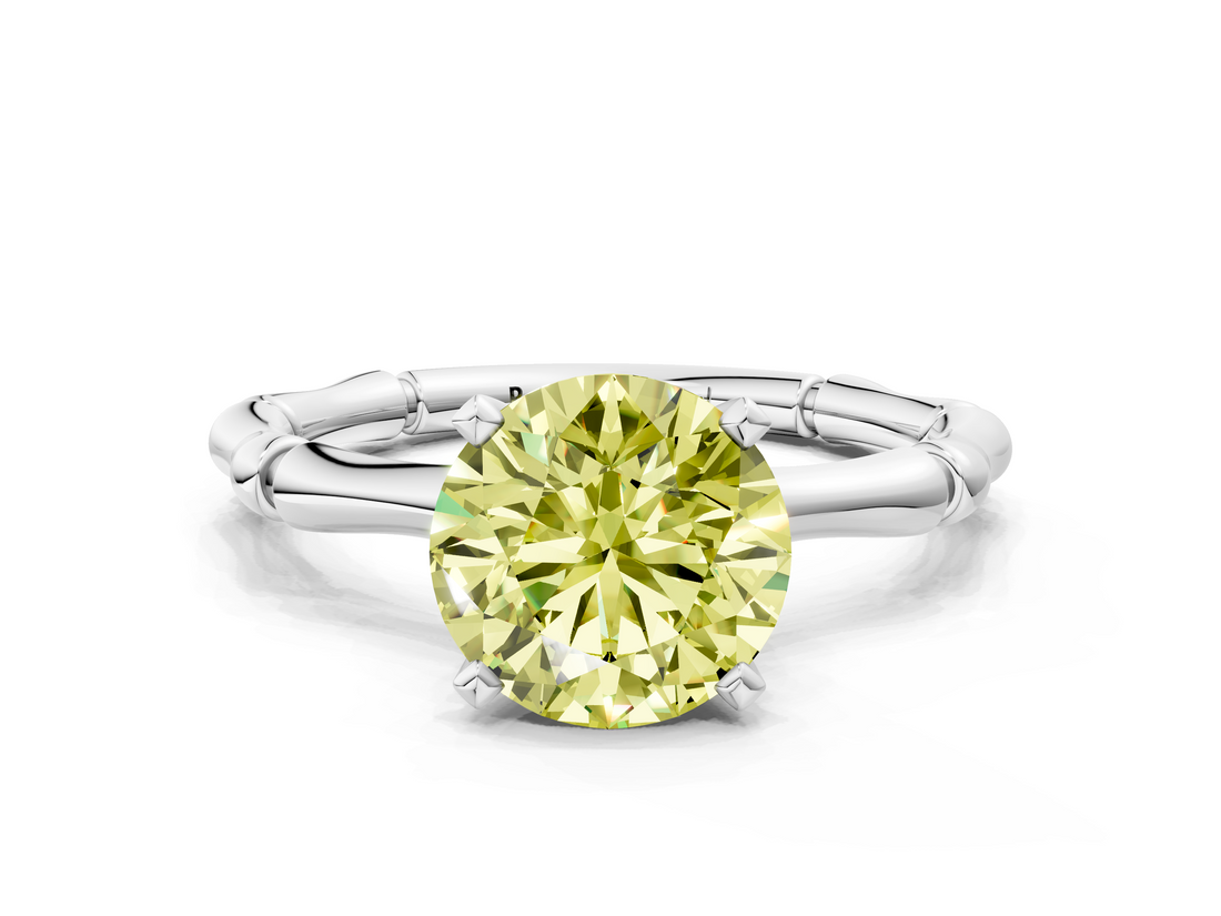 White gold Fancy Yellow Round  Solitaire Diamond Ring with Bamboo Band and Four-Prong Setting
