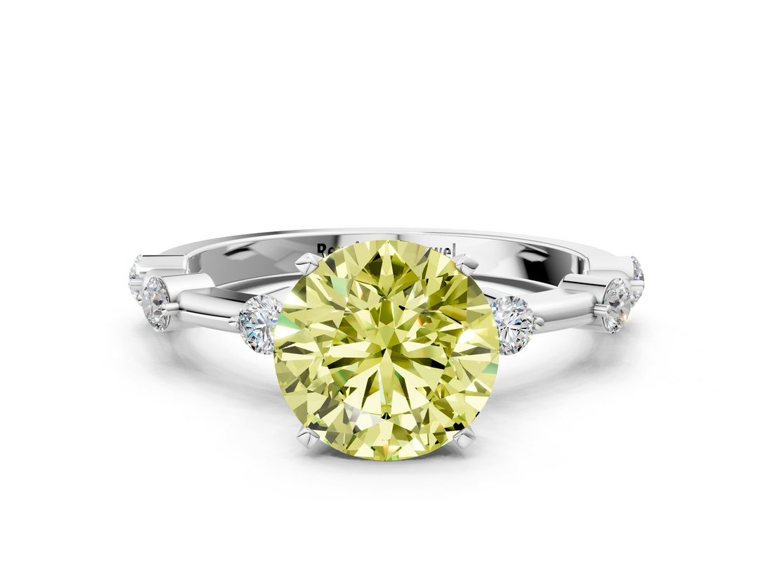 White gold Fancy Yellow Round  Solitaire Diamond Ring with Bezel Set Side Stones and Prong Setting