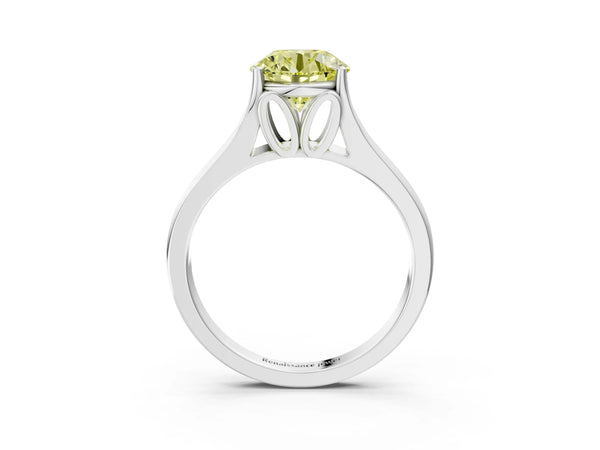 Platinum Fancy Yellow Round  Solitaire Diamond Ring with Cathedral Band and Four-Prong Setting