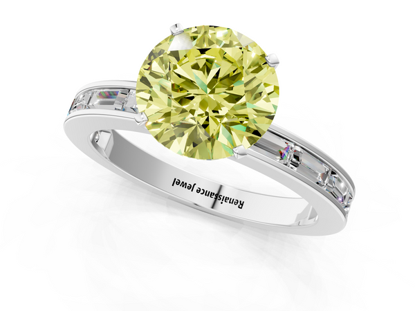 White gold Fancy Yellow Round  Solitaire Diamond Ring with Channel-Set Baguette Band and Four-Prong Setting