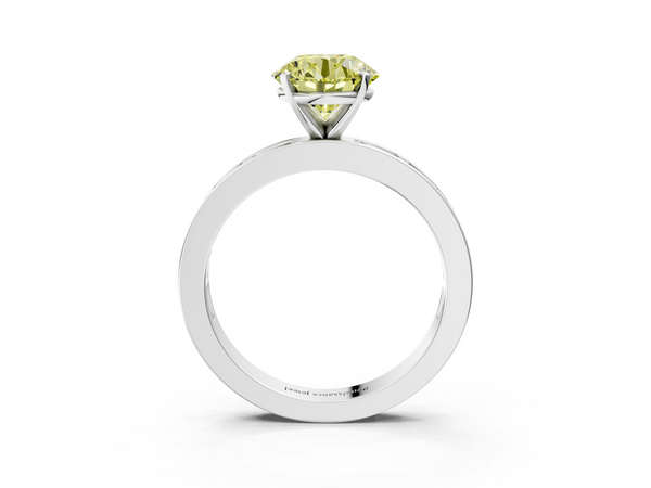 White gold Fancy Yellow Round  Solitaire Diamond Ring with Channel-Set Baguette Band and Four-Prong Setting