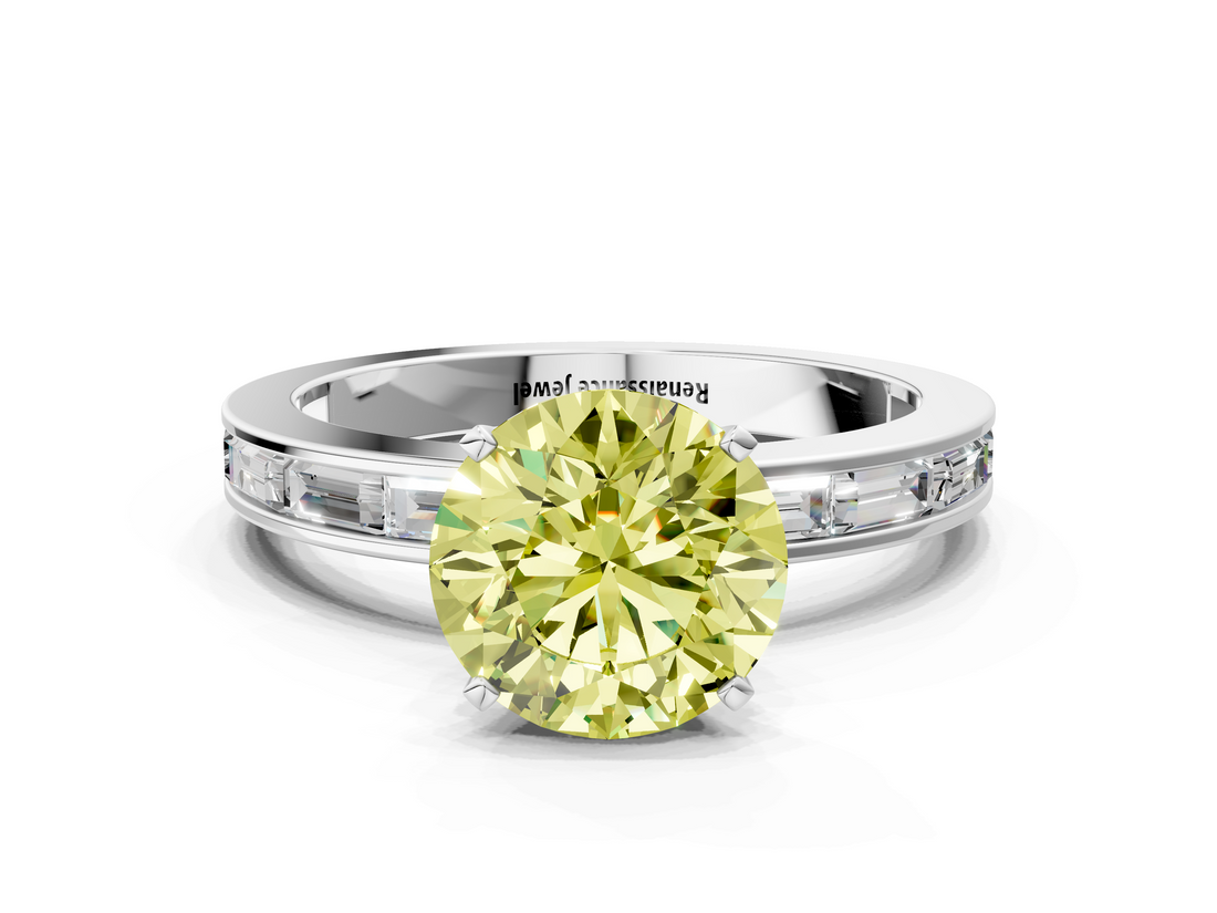 White gold Fancy Yellow Round  Solitaire Diamond Ring with Channel-Set Baguette Band and Four-Prong Setting