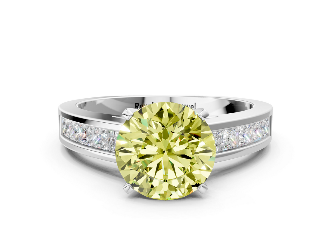 White gold Fancy Yellow Round  Solitaire Diamond Ring with Channel-Set Band and Four-Prong Setting_3