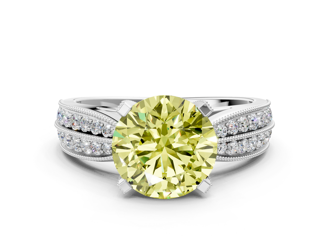 White gold Fancy Yellow Round  Solitaire Diamond Ring with Milgrain Pavé Band and Four-Prong Setting_36