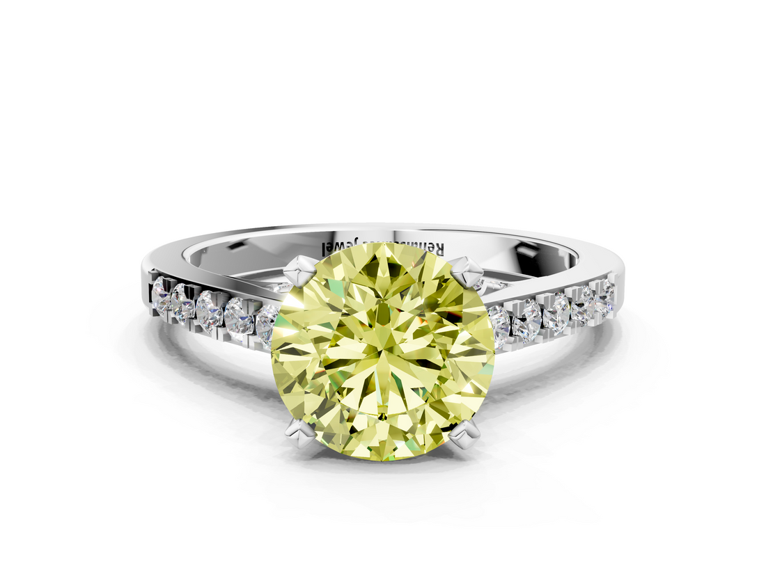 White gold Fancy Yellow Round  Solitaire Diamond Ring with Pavé Band and Four-Prong Setting