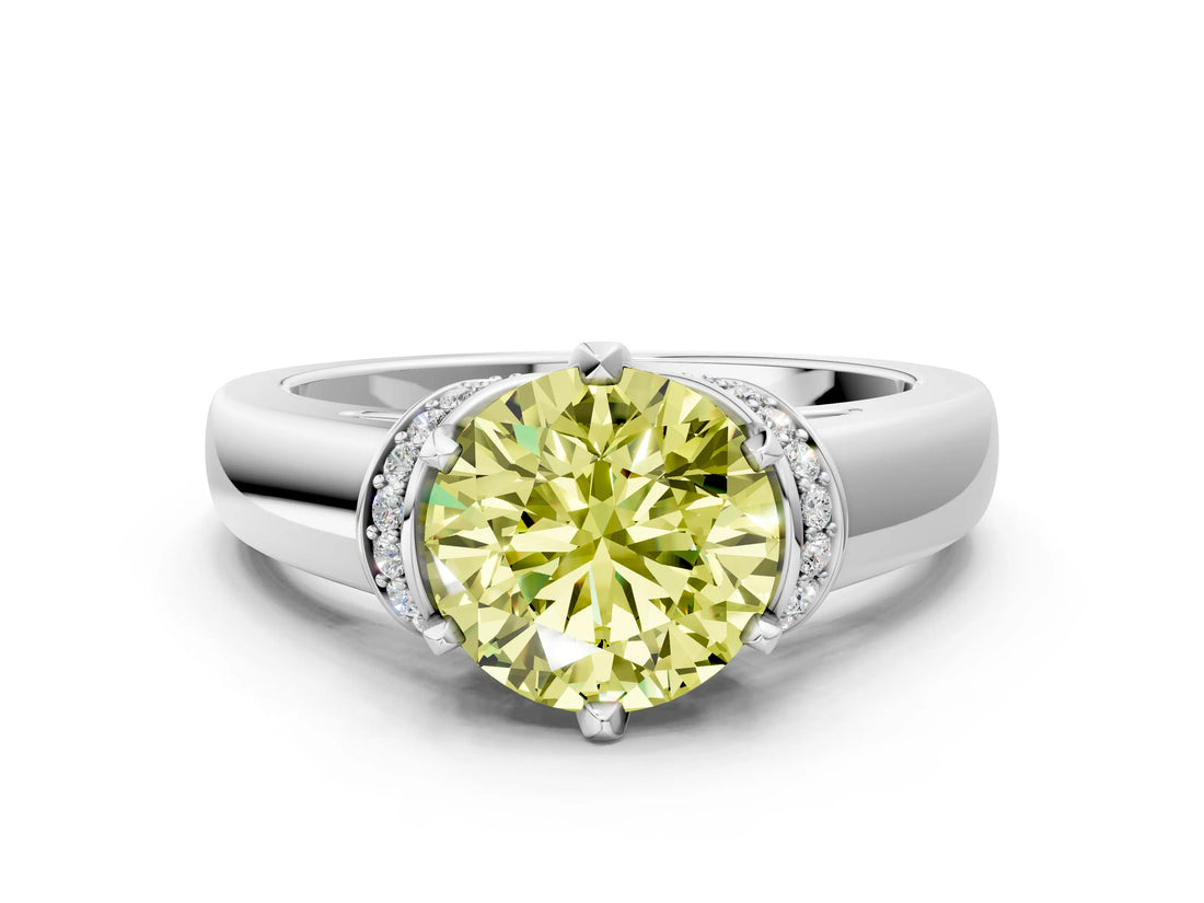 White gold Fancy Yellow Round  Solitaire Diamond Ring with Pave Band and Six-Prong Setting_103