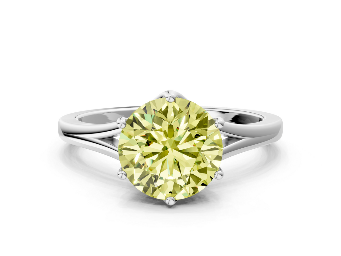 White gold Fancy Yellow Round  Solitaire Diamond Ring with Six-Prong Setting and Tapered Band