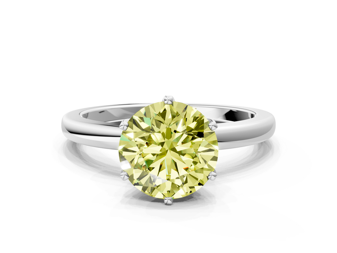 White gold Fancy Yellow Round  Solitaire Diamond Ring with Six-Prong Setting on a Classic Band