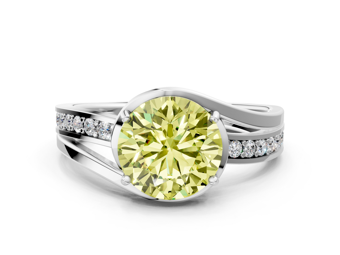 White gold Fancy Yellow Round  Solitaire Diamond Ring with Split Shank and Prong Setting_17
