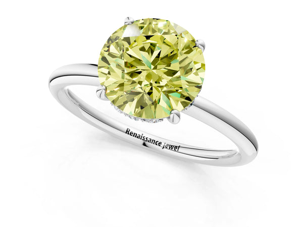White gold Fancy Yellow Round  Solitaire Diamond Ring with a Classic Band and Four-Prong Setting