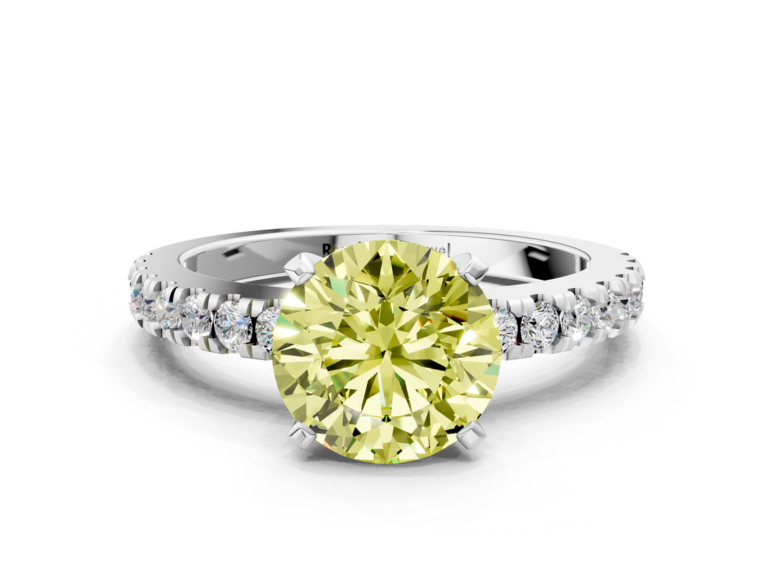 White gold Fancy Yellow Round  Solitaire Diamond with Pavé Band and Four-Prong Setting