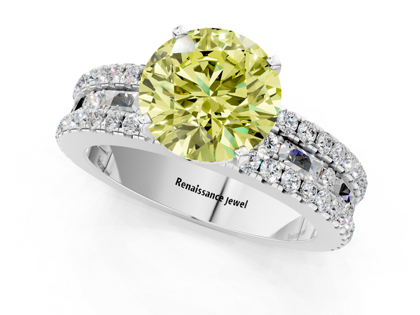 Platinum Fancy Yellow Round Cut Diamond Solitaire Ring with Pavé and Channel Set Band