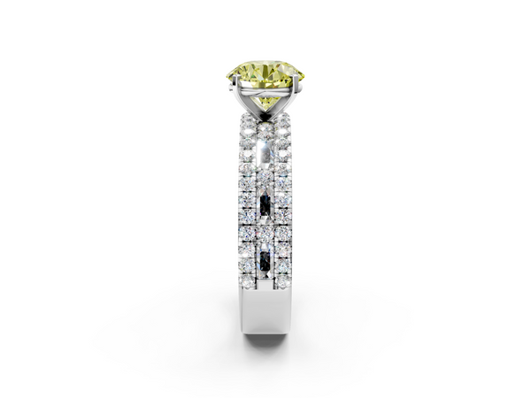 Platinum Fancy Yellow Round Cut Diamond Solitaire Ring with Pavé and Channel Set Band