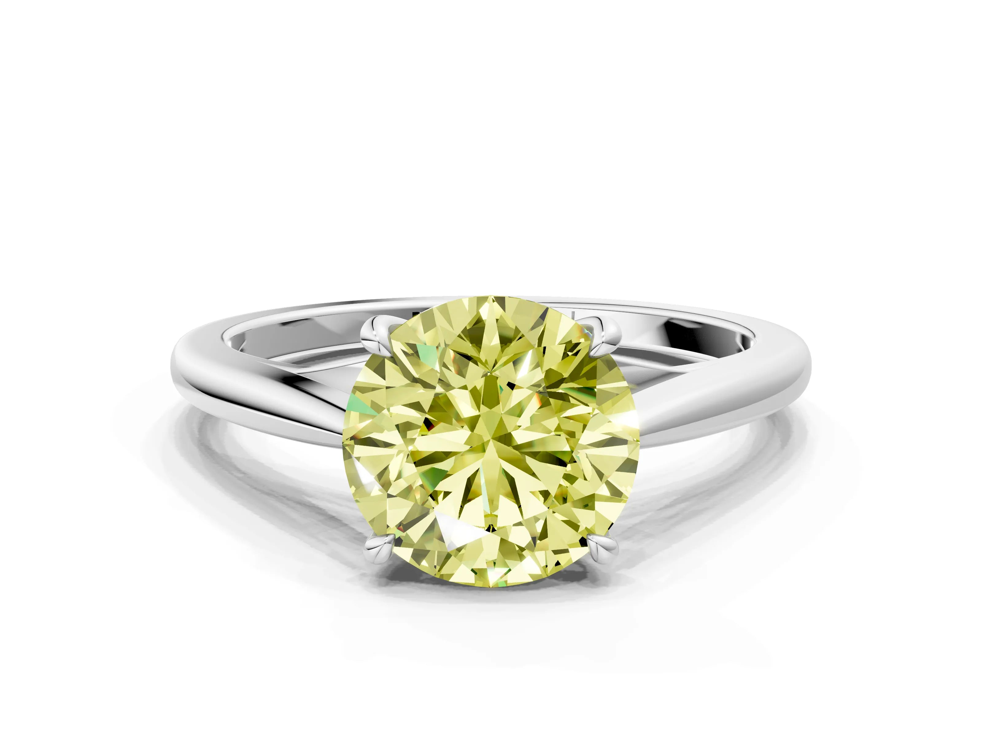 White gold Fancy Yellow Round  Solitaire Engagement Ring with Four-Prong Setting and Classic Band