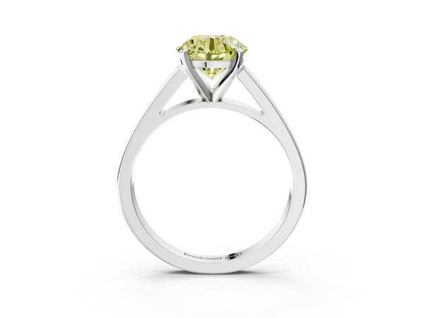 Platinum Fancy Yellow Round  Solitaire Engagement Ring with Four-Prong Setting and Tapered Band