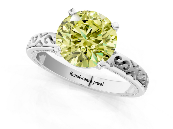 Platinum Fancy Yellow Round  Solitaire Engagement Ring with Scrollwork Band and Four-Prong Setting