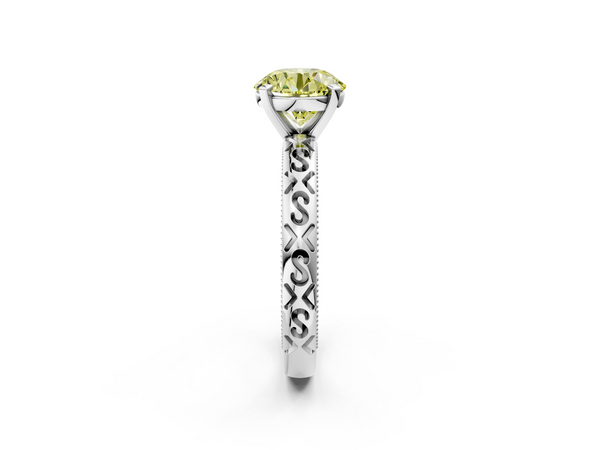 Platinum Fancy Yellow Round  Solitaire Engagement Ring with Scrollwork Band and Four-Prong Setting