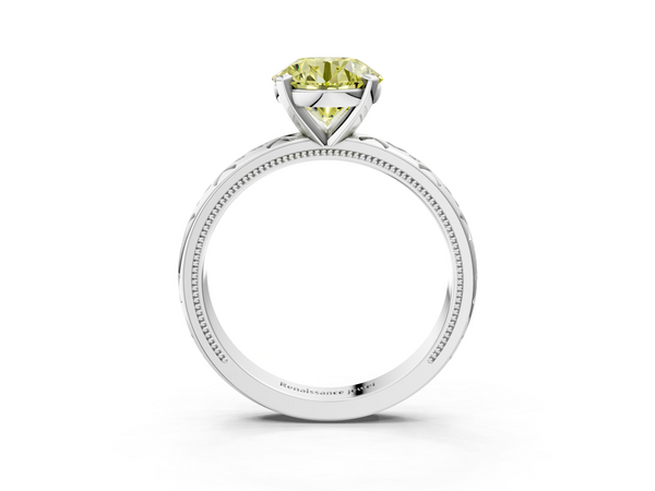 Platinum Fancy Yellow Round  Solitaire Engagement Ring with Scrollwork Band and Four-Prong Setting