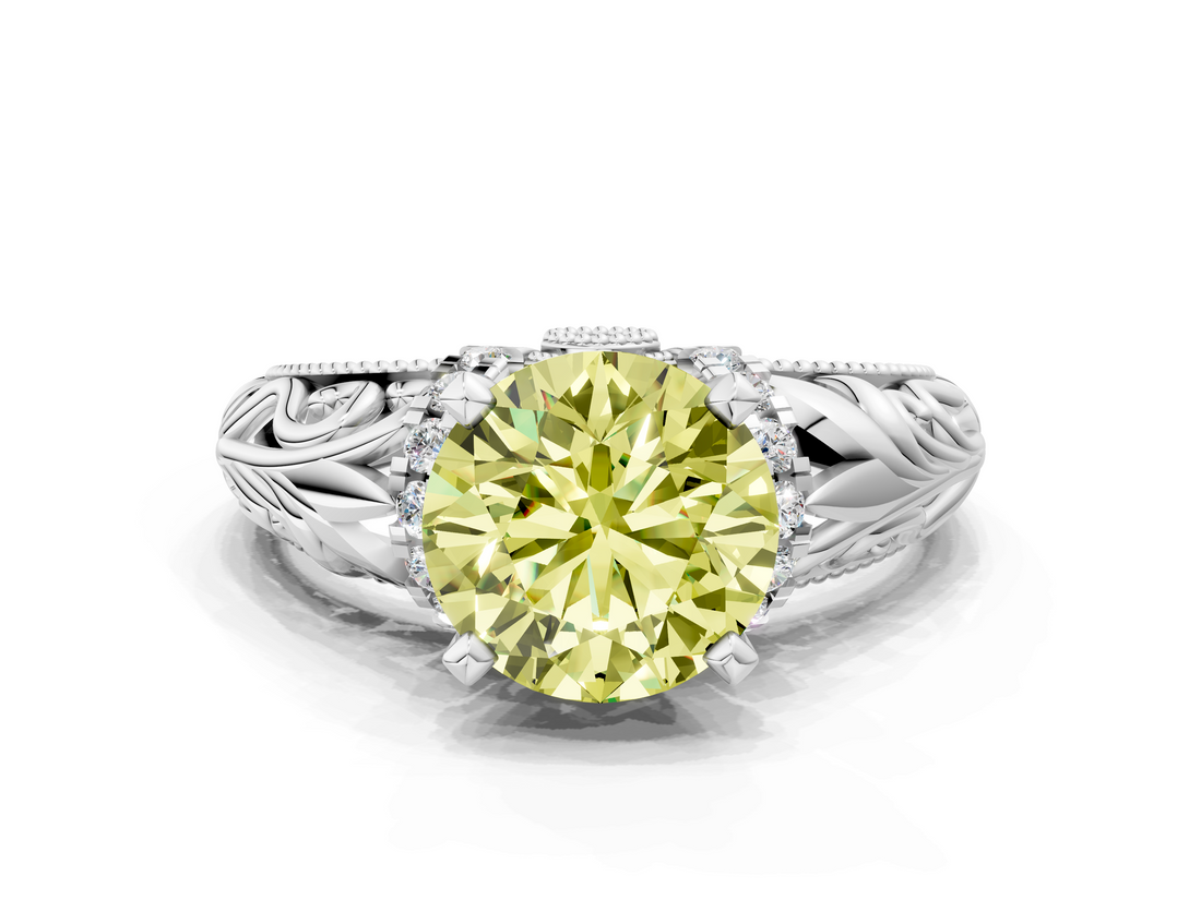 White gold Fancy Yellow Round  Solitaire Filigree Engagement Ring with Halo and Prong Setting