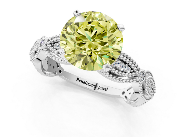 White gold Fancy Yellow Round  Solitaire Milgrain Diamond Engagement Ring with Bezel and Marquise Band