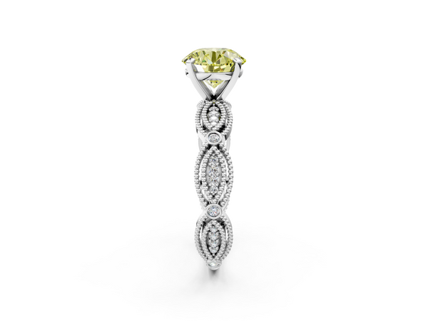 White gold Fancy Yellow Round  Solitaire Milgrain Diamond Engagement Ring with Bezel and Marquise Band
